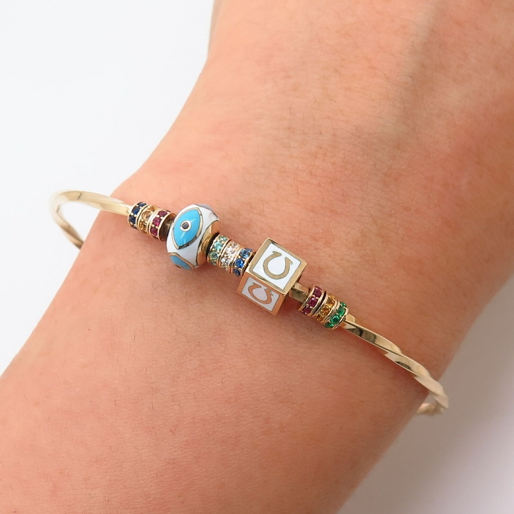 14K Yellow Gold C Z Evil Eye & Omega Cuff Bracelet